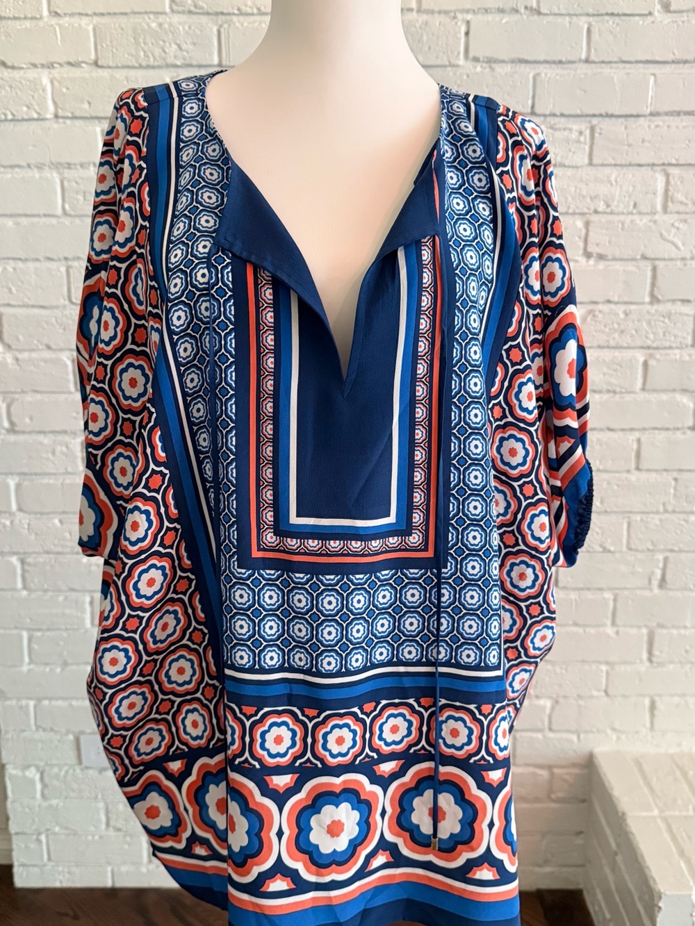 Trina Turk Silk Navy Orange & White Geo-Print Split-Neck Blouse